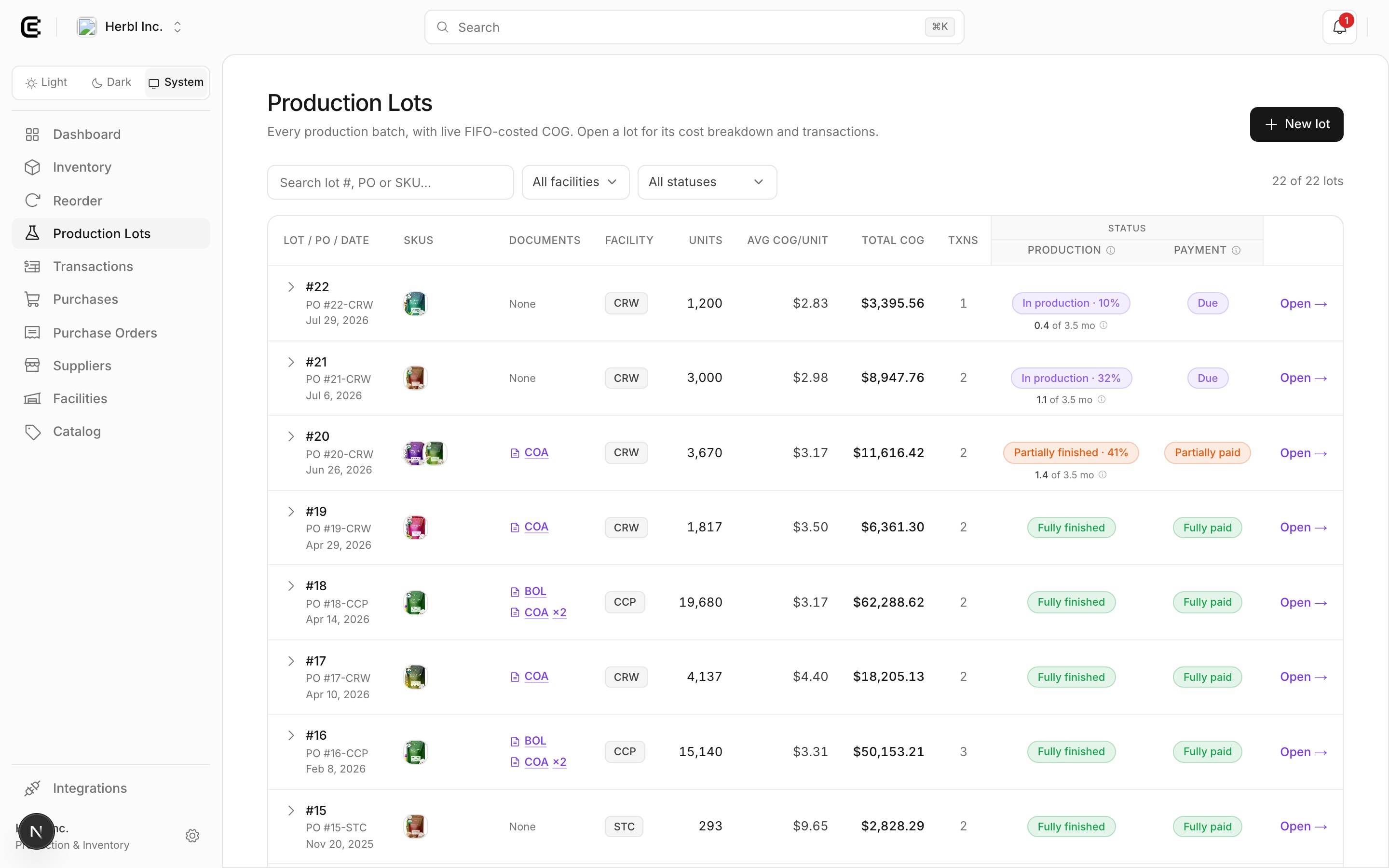 Production lots with live FIFO-costed COG per batch